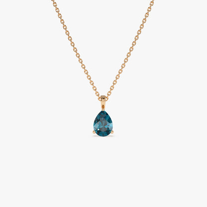 14k Solid Gold London Blue Topaz Pear Shaped Solitaire Necklace 0.80 Carat