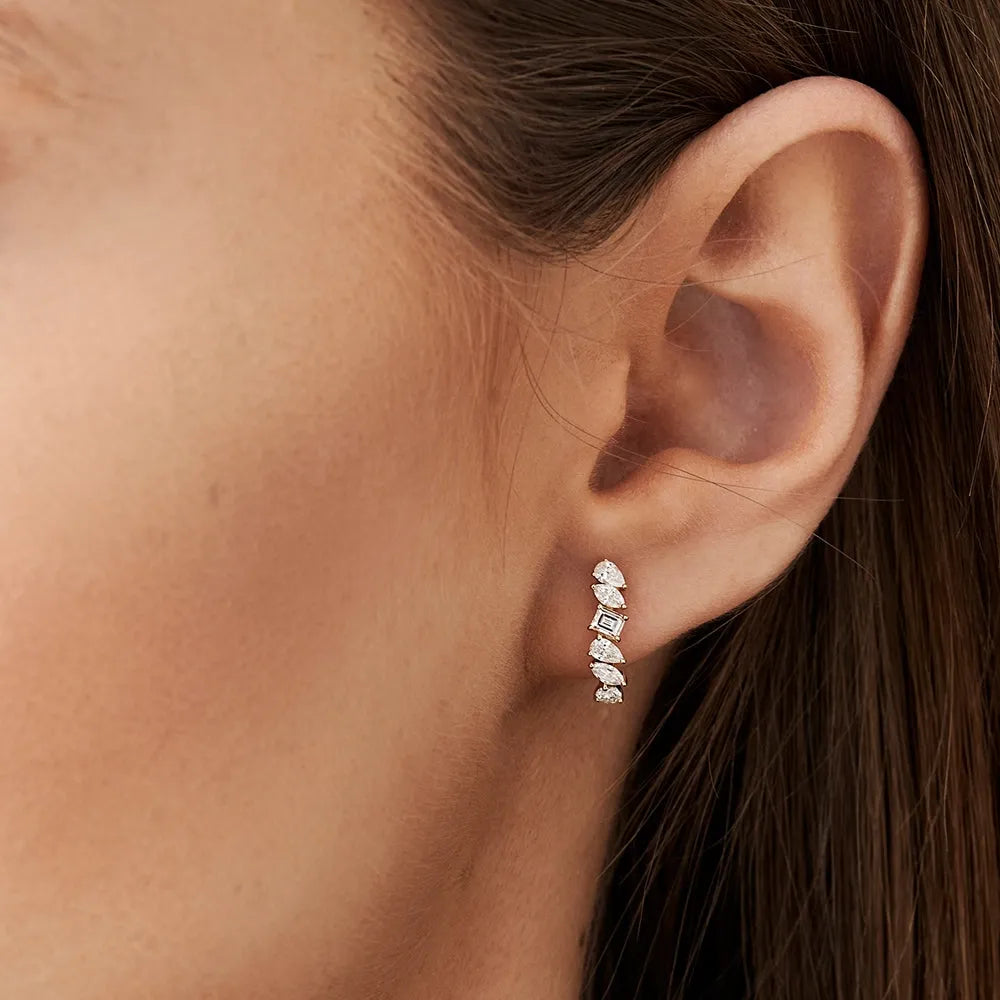 14k Gold Diamond Marquise Pear Round Emerald Cut Mixed Shapes Statement Stud Earrings Prong Setting 0.68 ctw