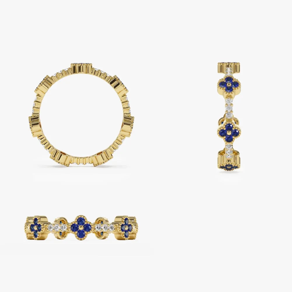 14k Gold Sapphire and Diamond Round Cut Clover Full Eternity Ring 0.45 ctw