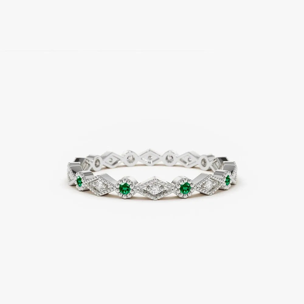 14K Gold Round Emerald and Diamond Geometric Art Deco Wedding Band Ring 0.22 CTW