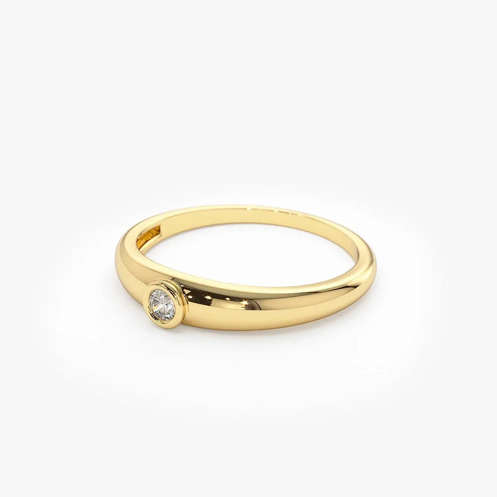 14k Solid Gold 0.07ctw Round Cut Diamond Dome Bezel Set Ring