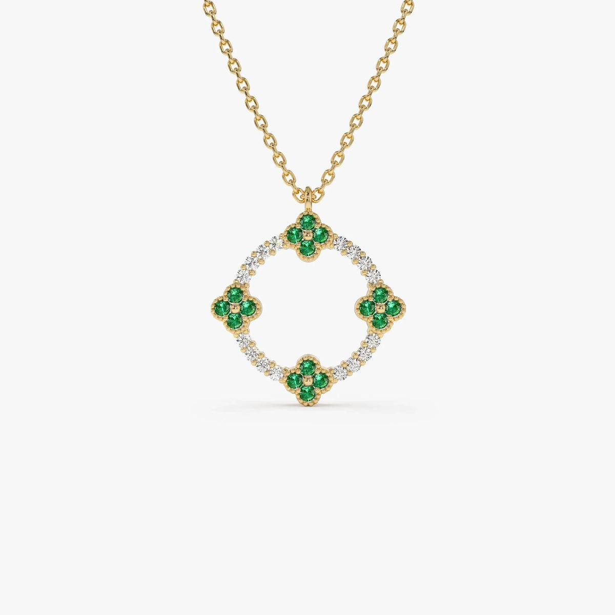 14k Solid Gold Round Diamond 0.12 CTW and Emerald 0.18 CTW Clover Pendant Necklace