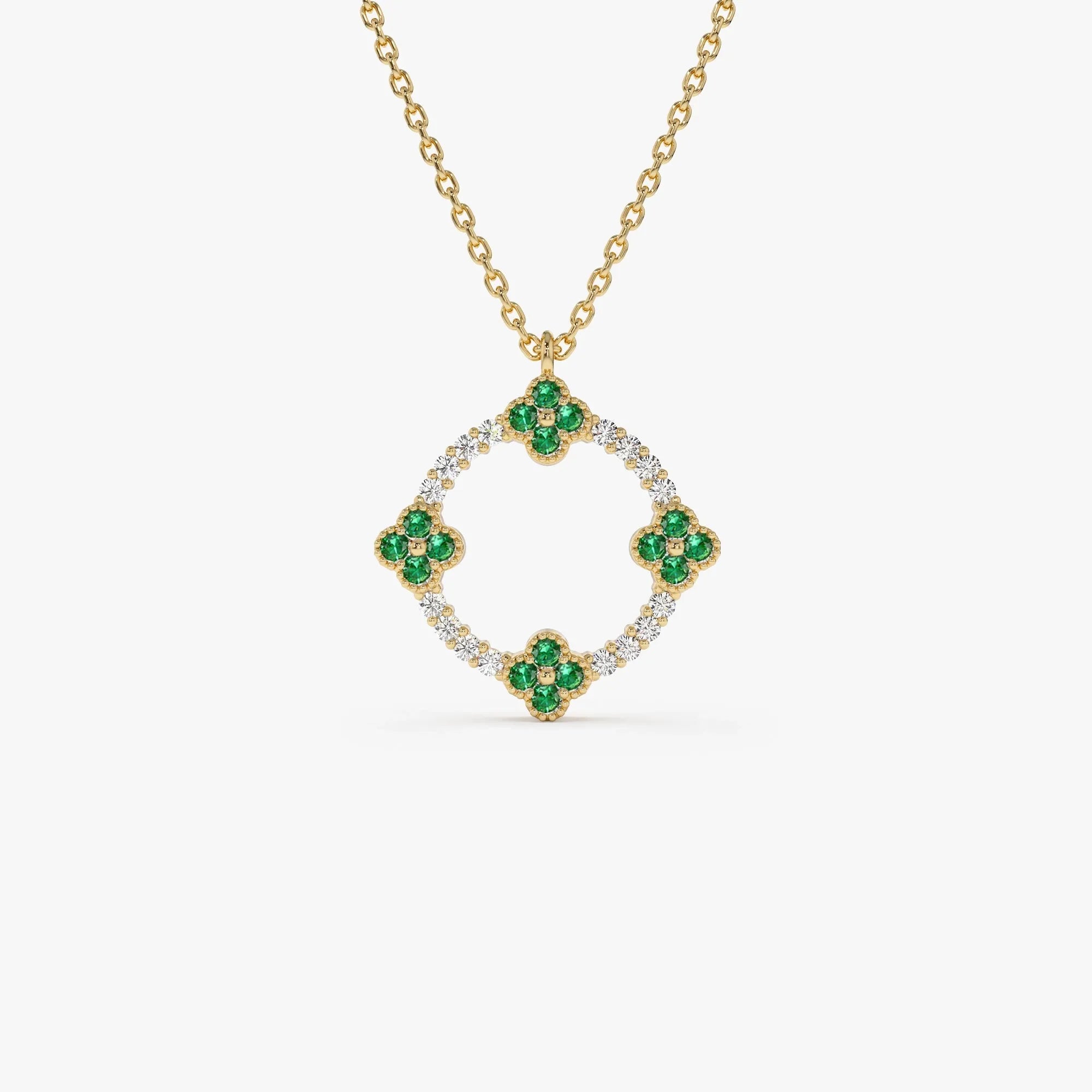 14k Solid Gold Round Diamond 0.12 CTW and Emerald 0.18 CTW Clover Pendant Necklace