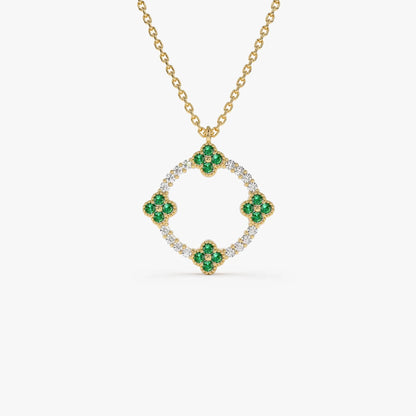 14k Solid Gold Round Diamond 0.12 CTW and Emerald 0.18 CTW Clover Pendant Necklace
