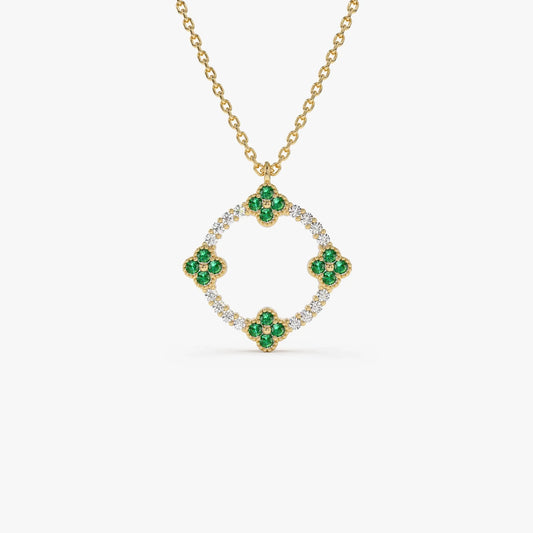 14k Solid Gold Round Diamond 0.12 CTW and Emerald 0.18 CTW Clover Pendant Necklace