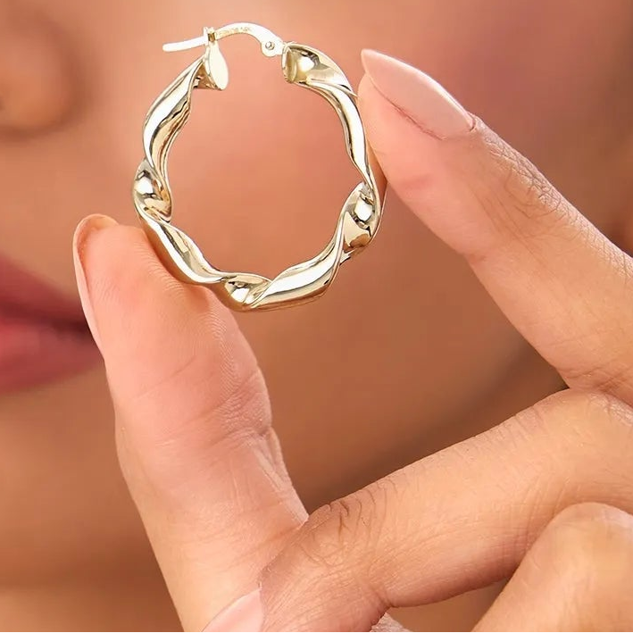 14k Yellow Gold Twisted Textured Chunky Hoop Earrings 30mm 4.4mm Width