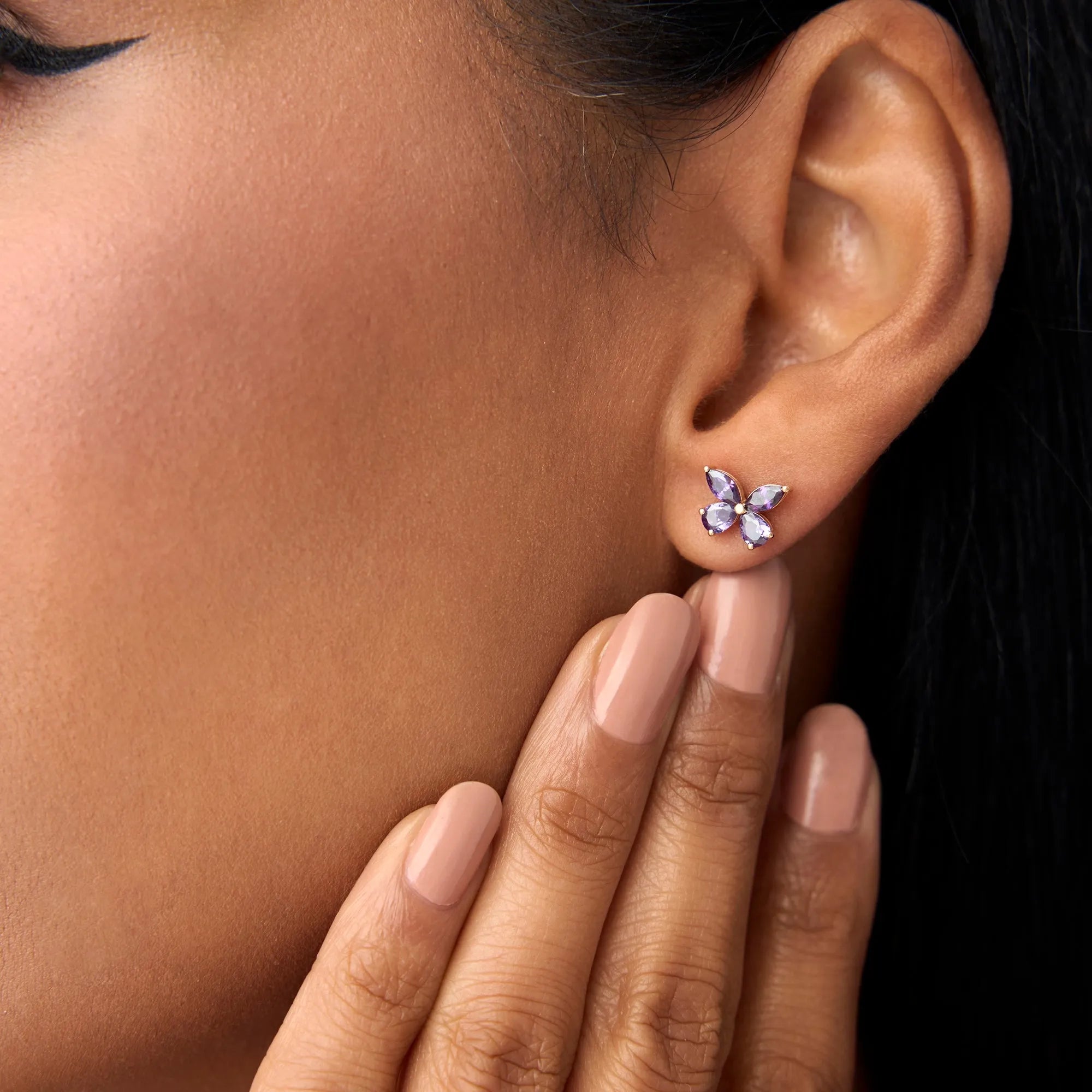 14K Solid Gold Marquise and Pear Cut Amethyst Butterfly Stud Earrings 1.15ctw