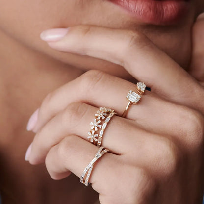 14K Gold 0.49 Carat Round and Baguette Diamond Multi Flower Design Ring