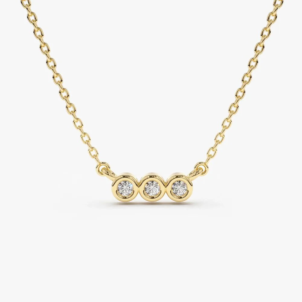 14K Solid Gold Round Diamond 3 Stone Horizontal Bezel Set Minimalist Necklace 0.10cttw
