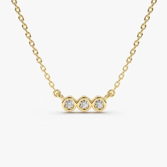 14K Solid Gold Round Diamond 3 Stone Horizontal Bezel Set Minimalist Necklace 0.10cttw