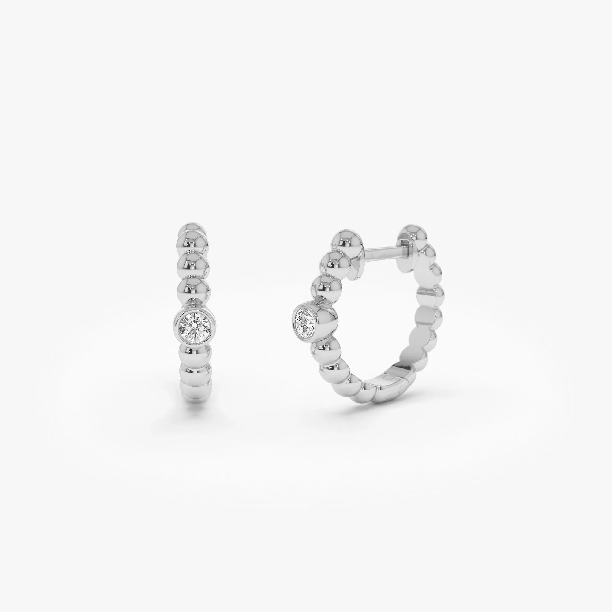 14k Gold Diamond Round Cut Bezel Setting Beaded Huggie Earrings 0.10 ctw