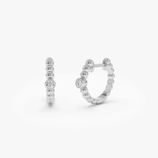 14k Gold Diamond Round Cut Bezel Setting Beaded Huggie Earrings 0.10 ctw