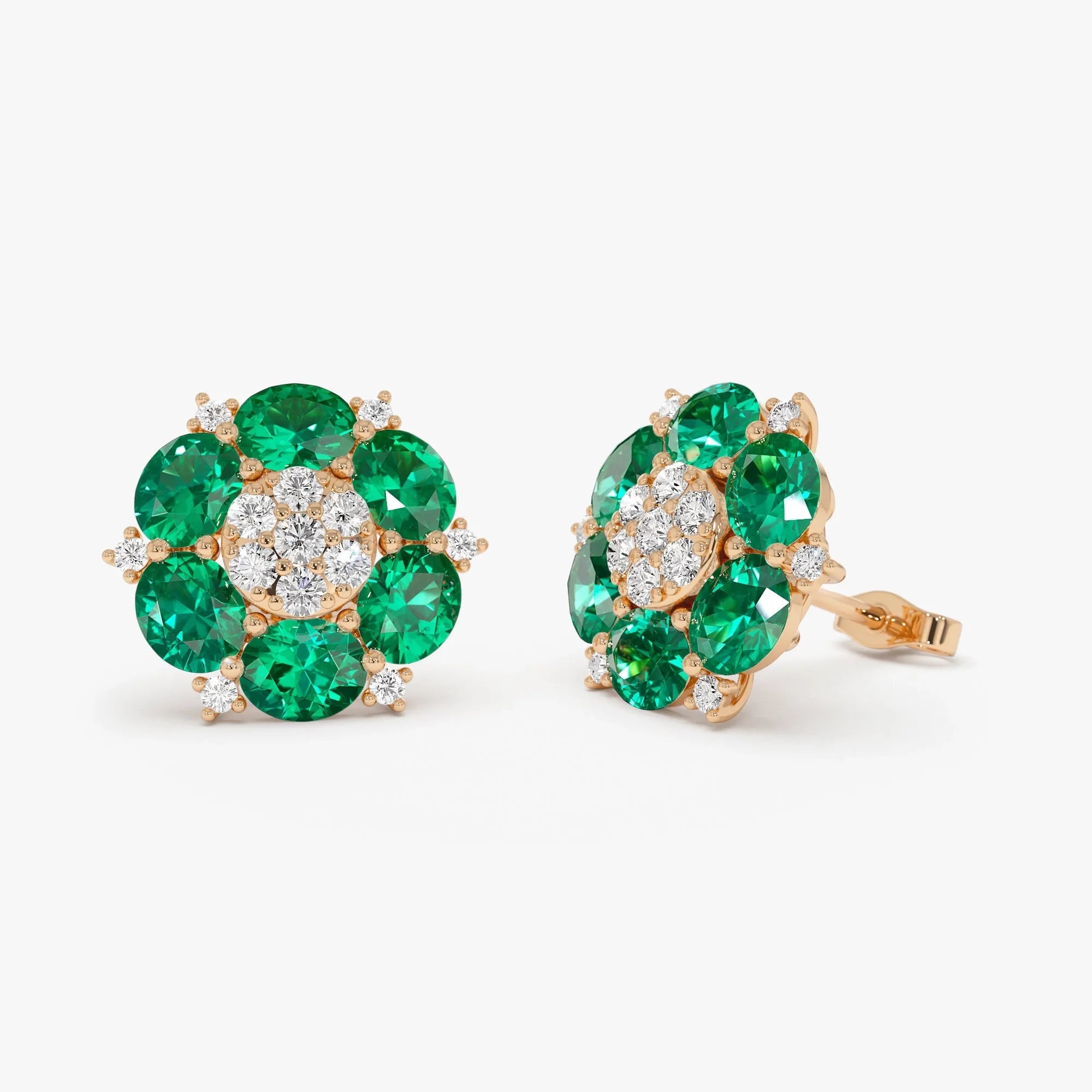 14k Gold Lab Grown Colombian Emerald and Diamond Oval Cut Cluster Stud Earrings 4.70 ctw