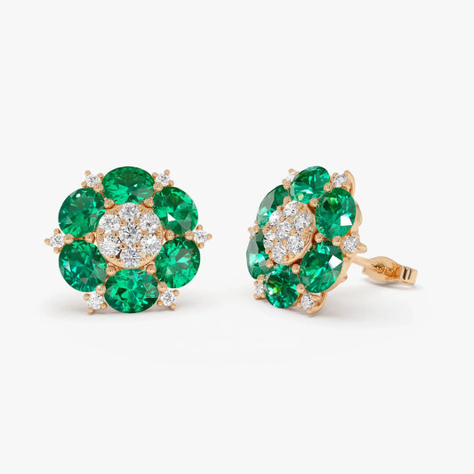 14k Gold Lab Grown Colombian Emerald and Diamond Oval Cut Cluster Stud Earrings 4.70 ctw