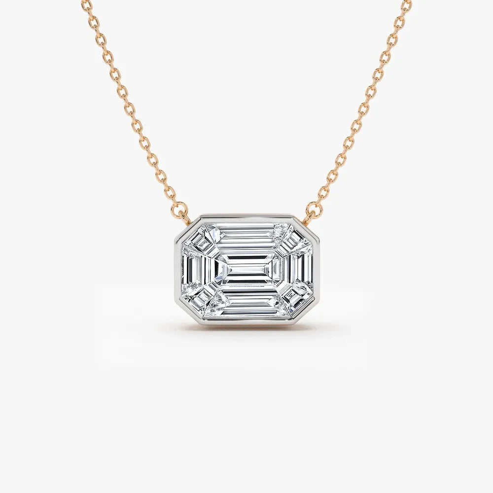 14K Solid Gold Baguette Diamond Step Cut Mosaic Illusion Necklace Invisible Bezel Setting 0.48ctw