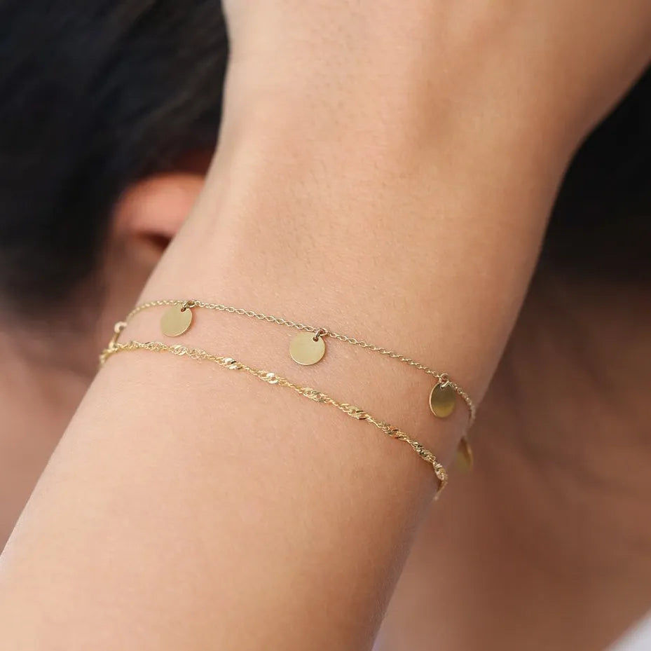 14k Solid Gold Five Dangle Disc Bracelet with Charms