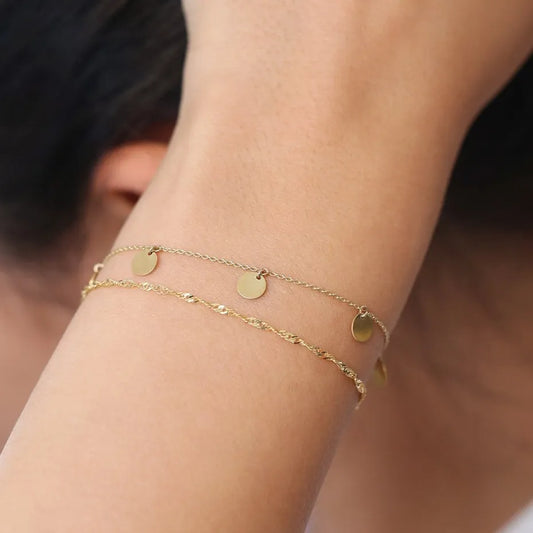 14k Solid Gold Five Dangle Disc Bracelet with Charms