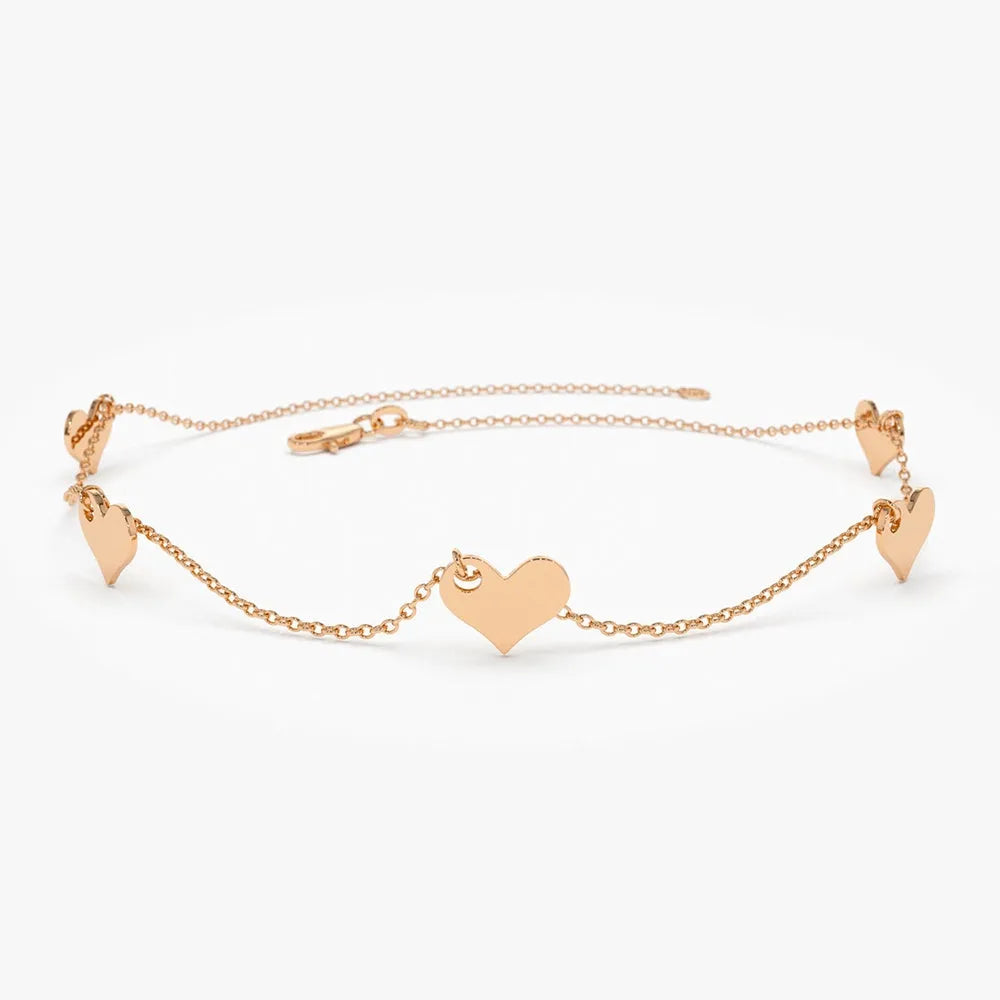 14k Solid Gold Five Dangle Heart Bracelet with Charms