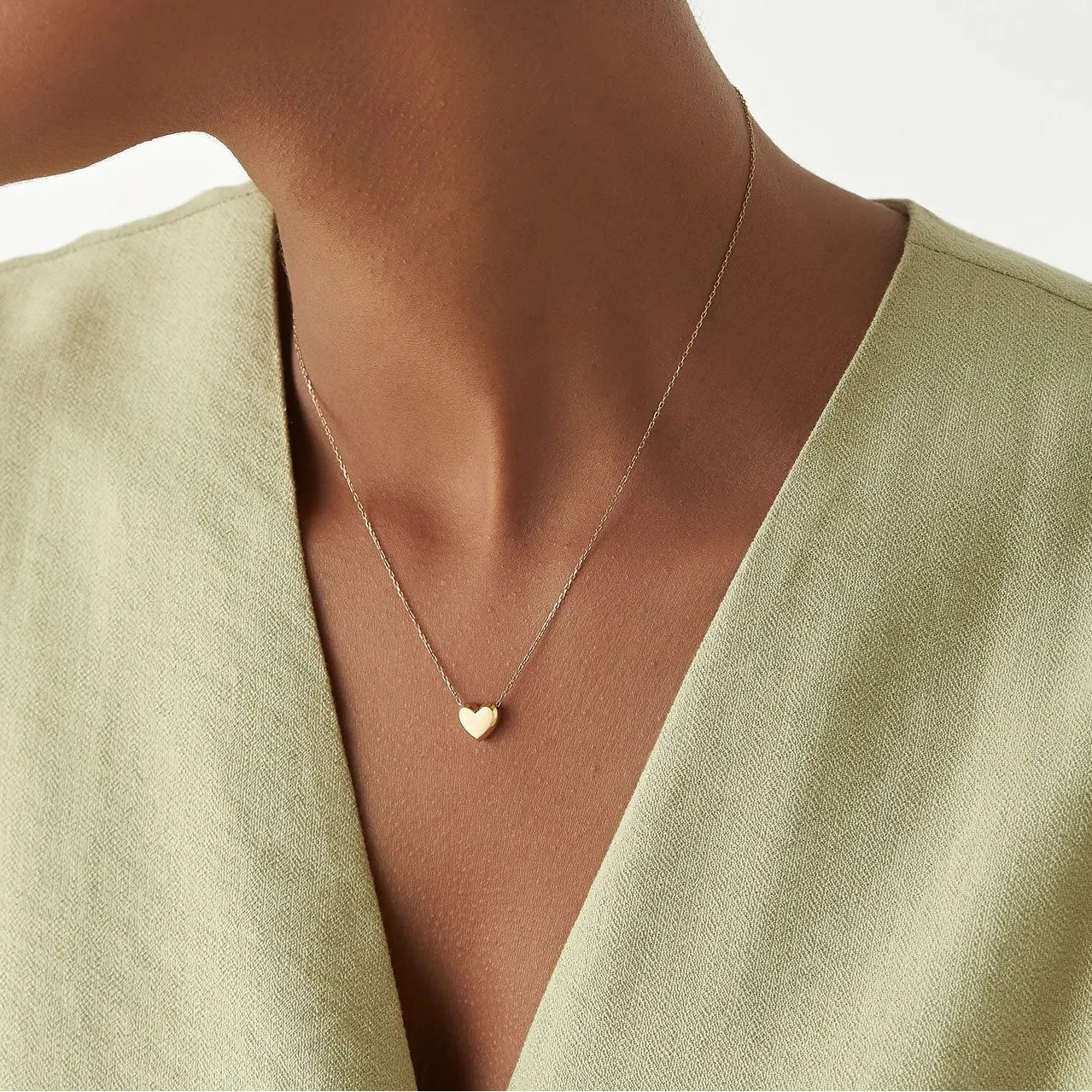 14k Solid Gold Puffed Heart Slider Pendant Necklace