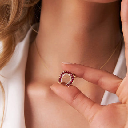14k Solid Gold Ruby and Diamond Round Horseshoe Pendant 0.87 Carat