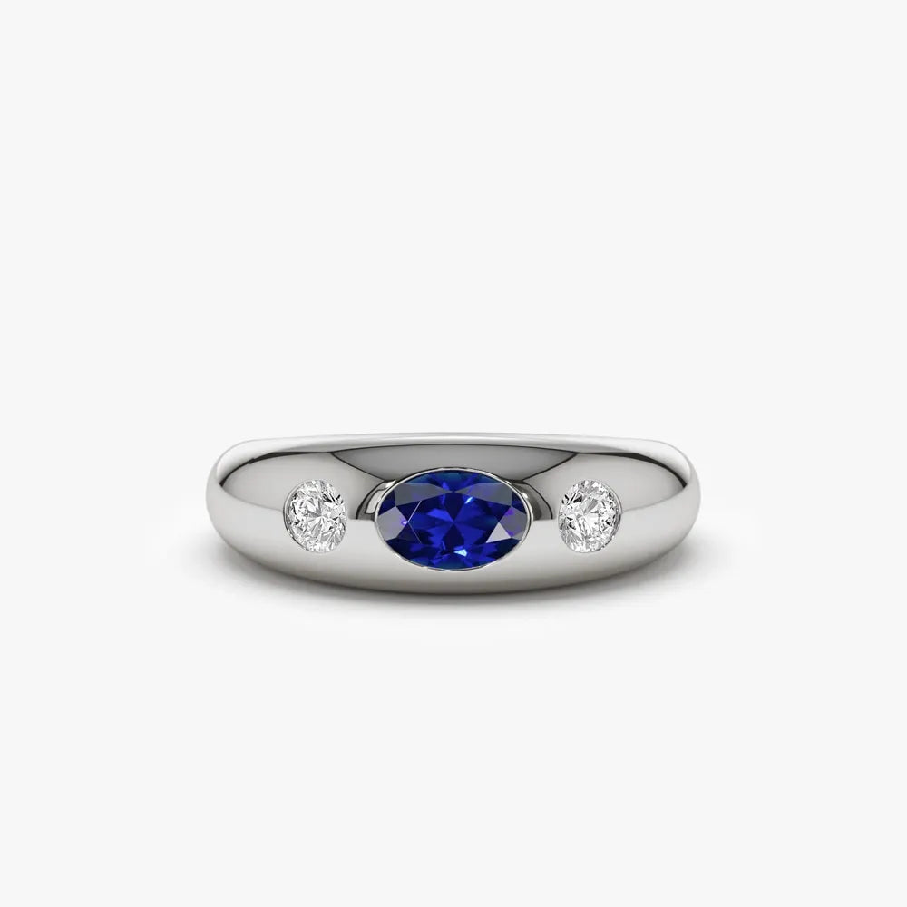 14k Gold Blue Sapphire and Diamond Oval Round Cut Dome Ring 0.80 ctw