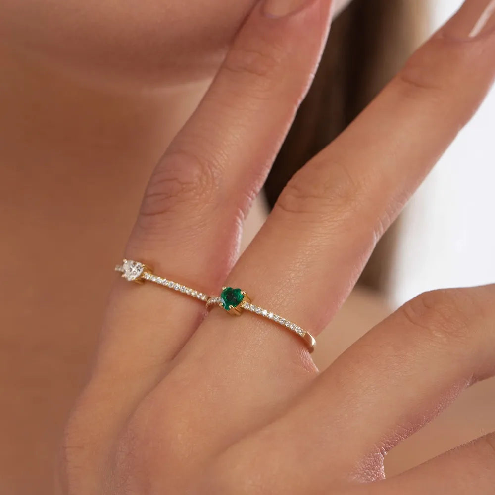 14K Solid Gold Heart Shaped Emerald and Round Diamond Ring 0.41 CTW Handcrafted Jewelry