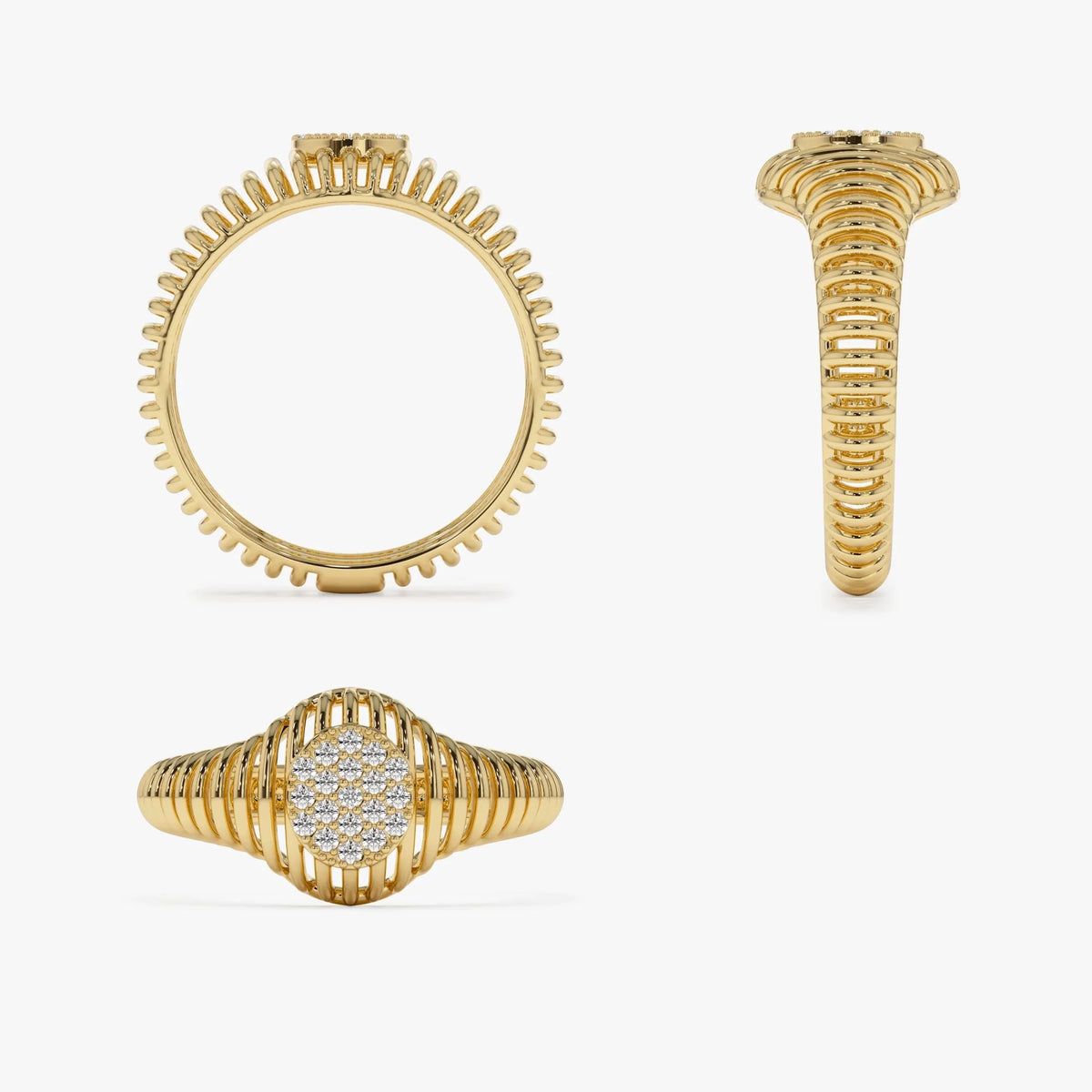 14K Solid Gold Round Diamond 0.10 Carat Ribbed Oval Signet Ring