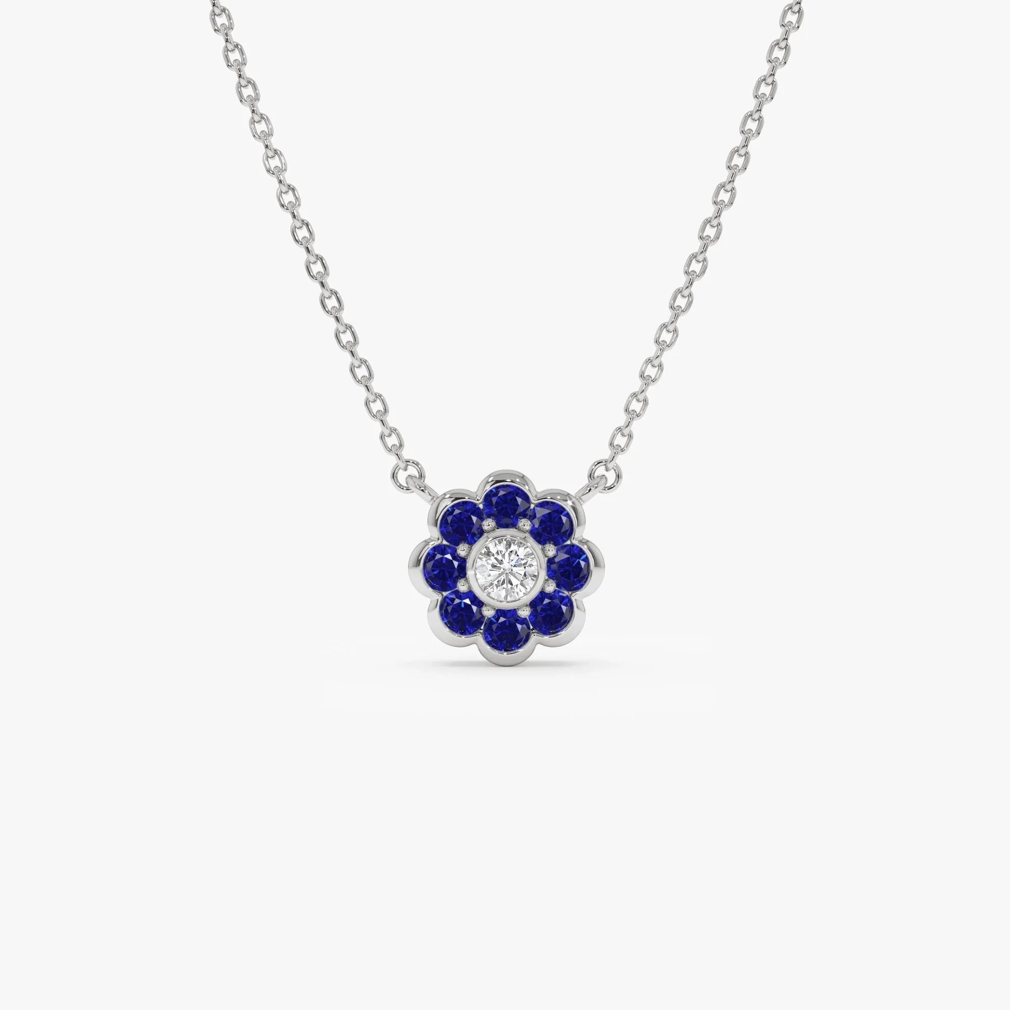 14k Solid Gold Round Sapphire 0.30 CTW and Diamond 0.05 CTW Flower Bezel Setting Necklace