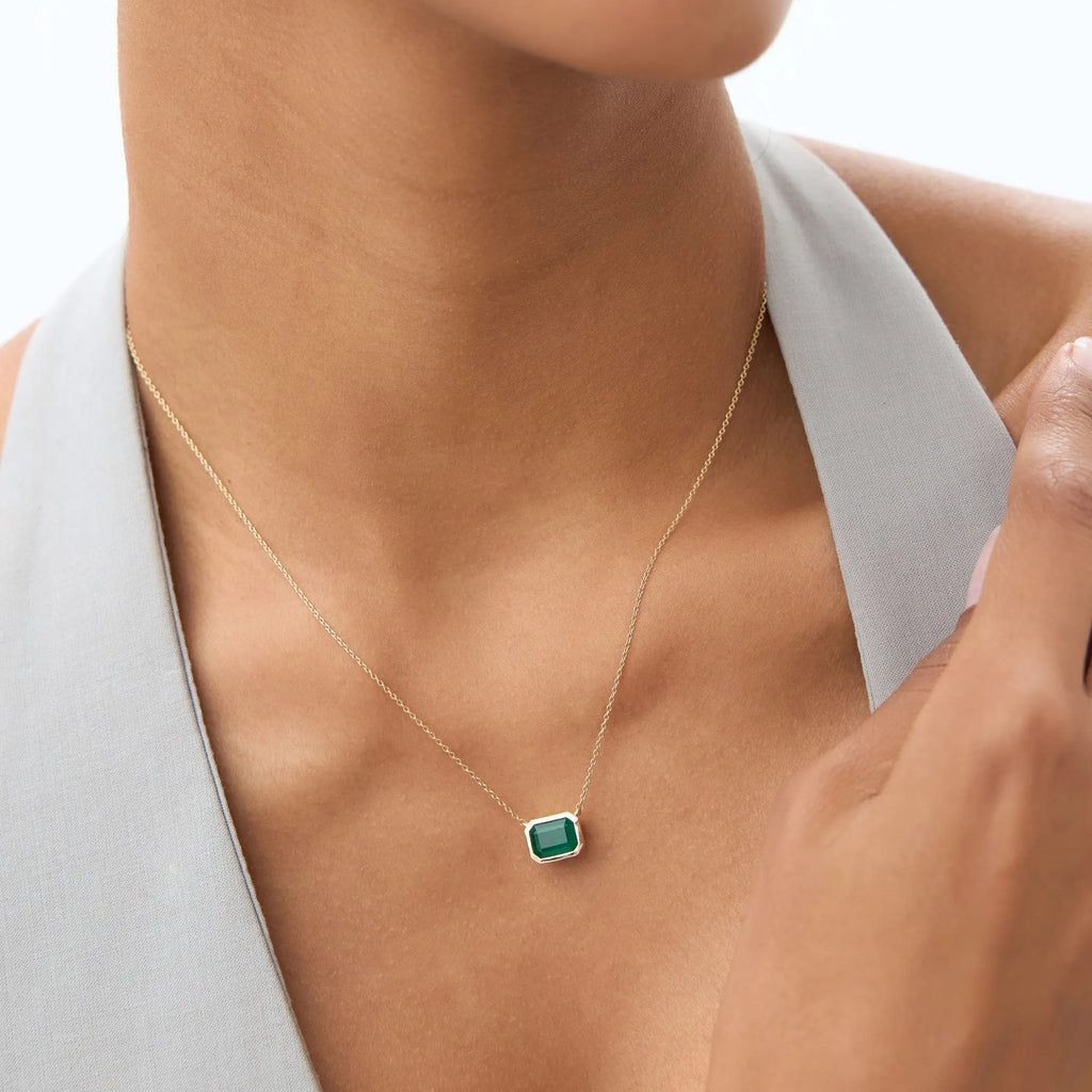 14k Solid Gold Octagon Cut Emerald 1.50 to 2.20 CTW Bezel Setting Necklace