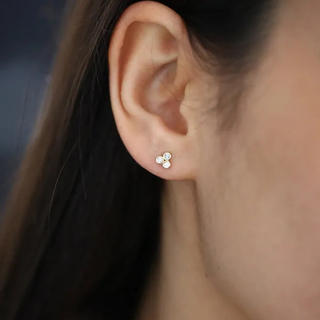 14k Gold Diamond Round Cut Trio Stud Earrings Bezel Setting 0.18 ctw