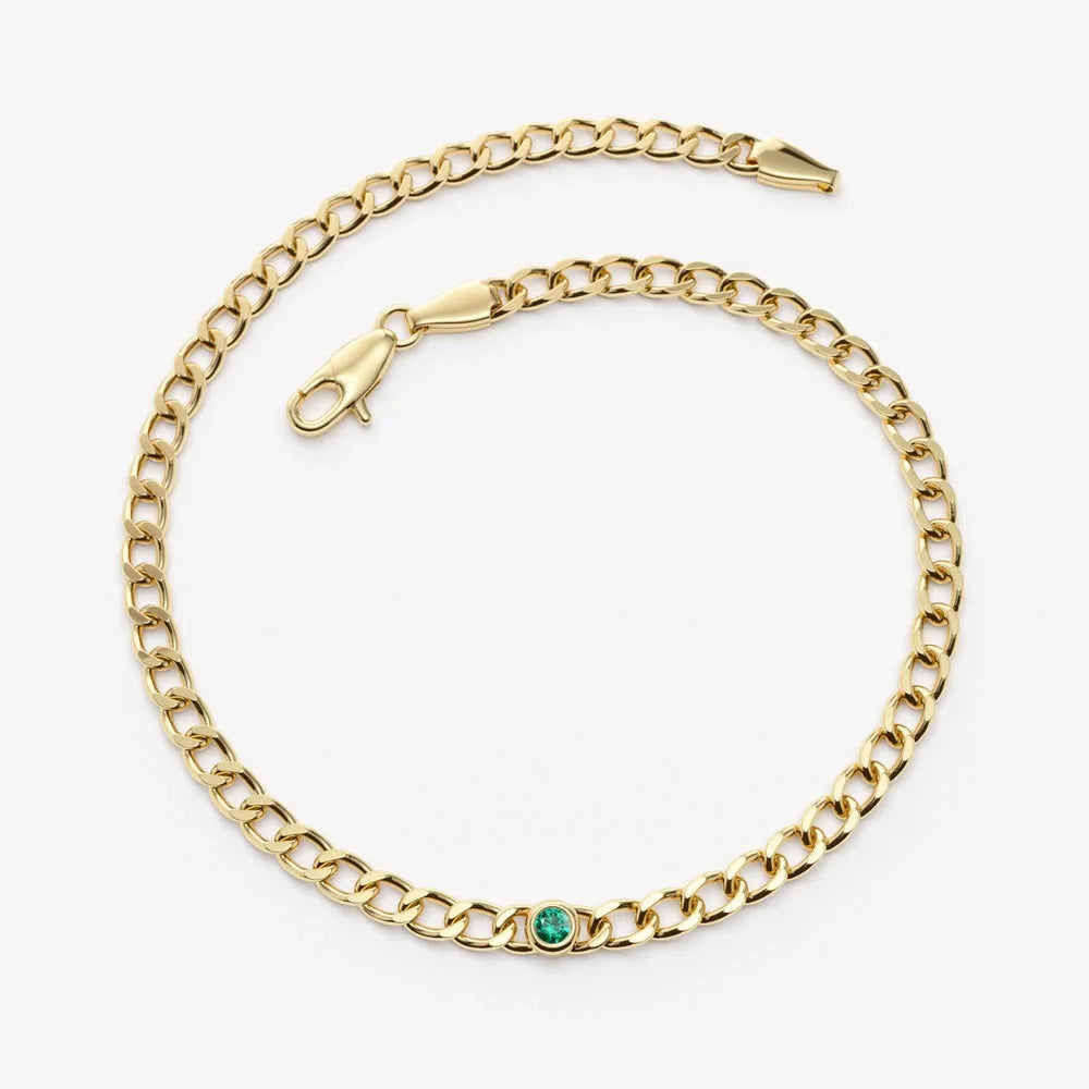 14K Solid Gold Cuban Link Bracelet with Bezel Set Round Emerald
