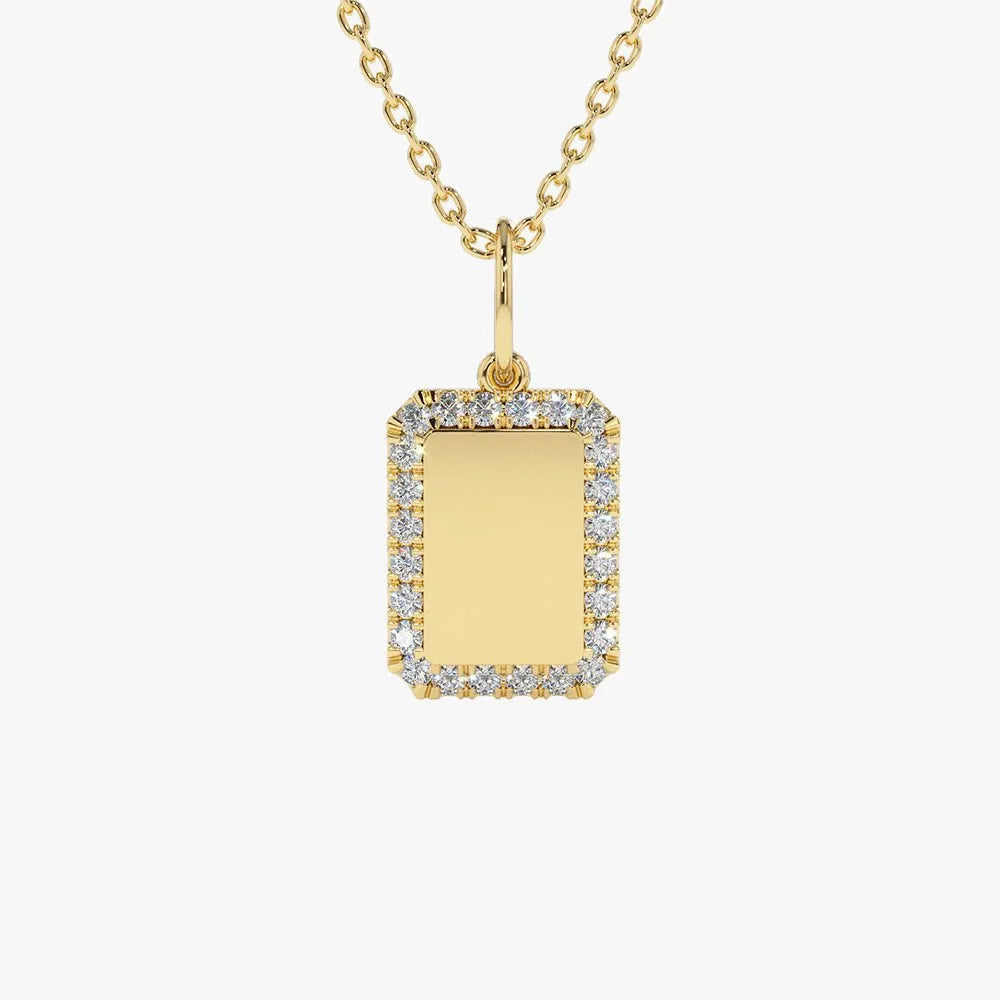 14K Solid Gold Round Diamond Tag Initial Personalized Necklace 0.18ctw