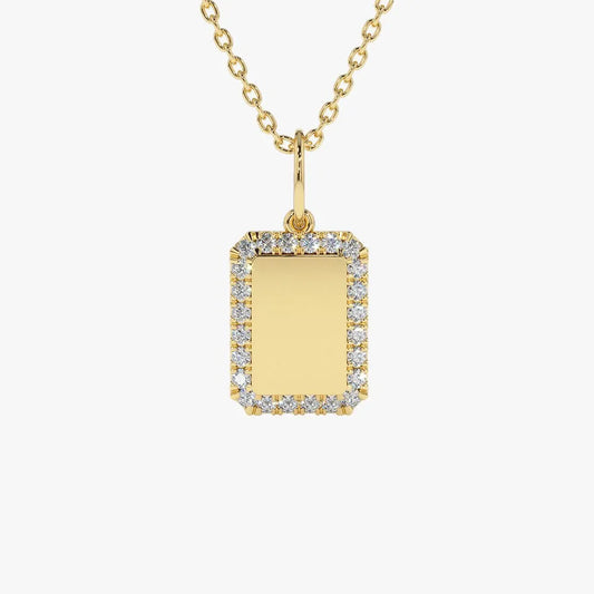 14K Solid Gold Round Diamond Tag Initial Personalized Necklace 0.18ctw