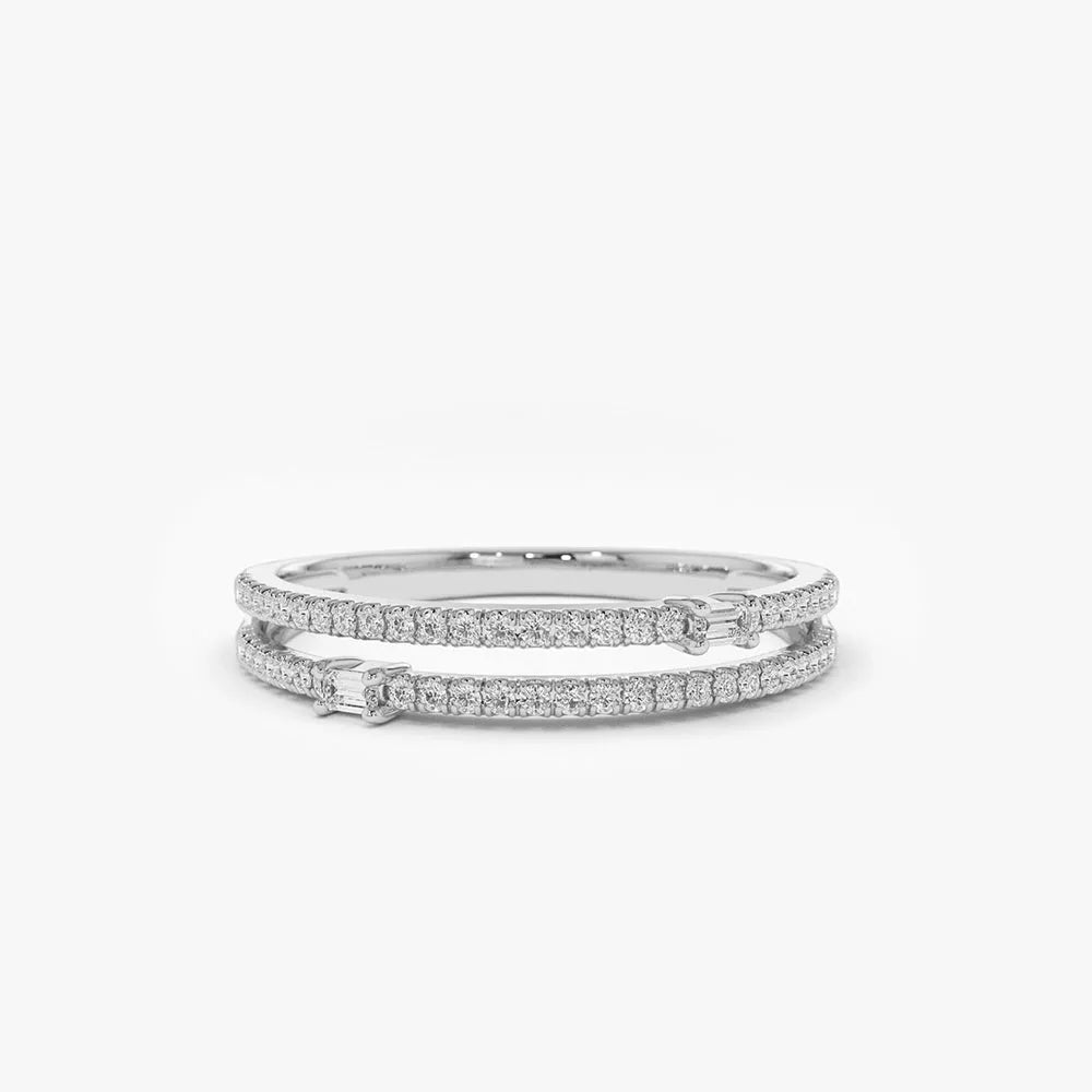 14k Gold Baguette and Round Diamond 0.29 CTW Double Row Micro Pave Statement Ring