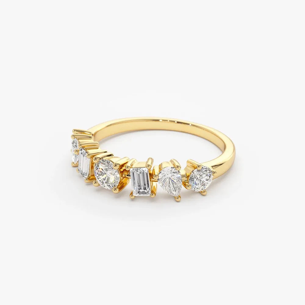 14k Gold Diamond Mixed Round Baguette and Pear Cut 0.77 Ctw Prong Set Ring