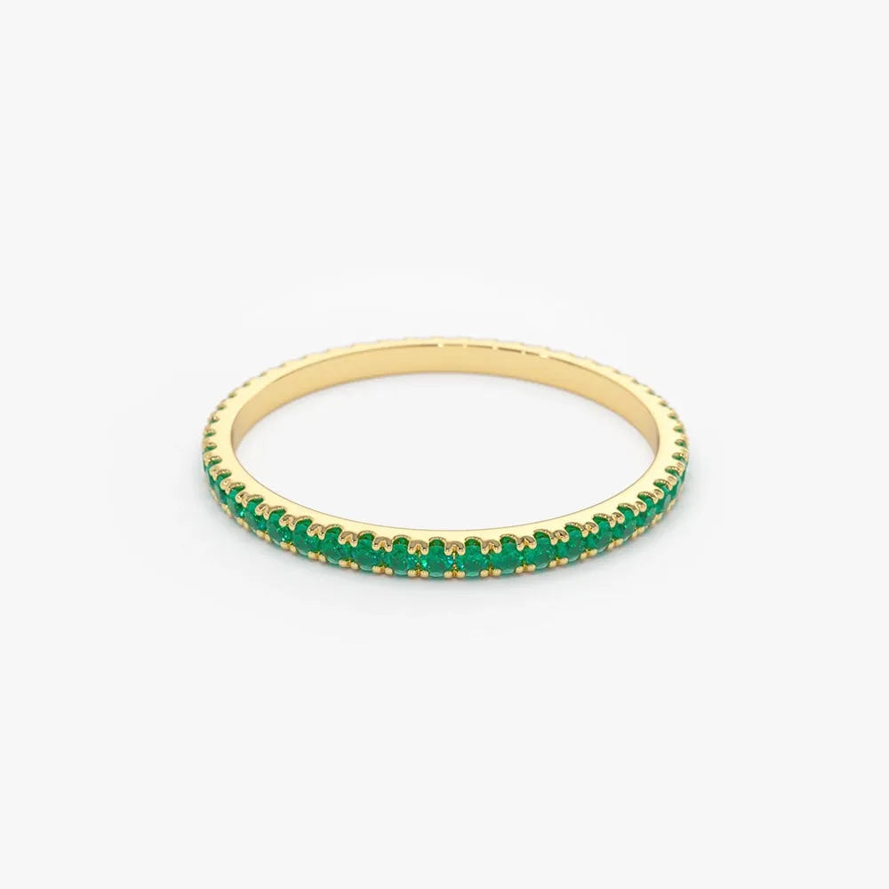 14K Solid Gold Round Emerald Micro Pave Eternity Band Ring 0.30 CTW
