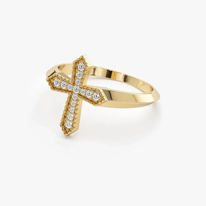 14k Solid Gold Round Cut Diamond 0.18 ctw Cross Ring