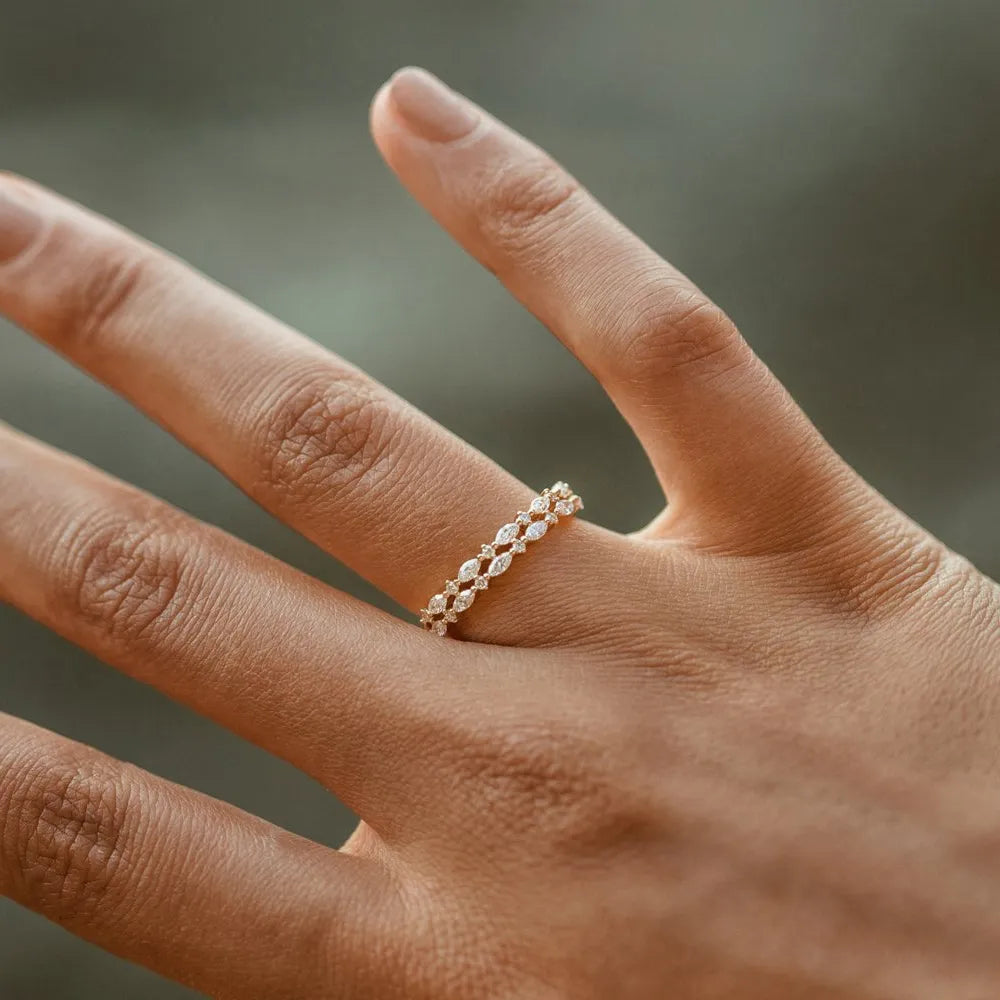 14k Gold Diamond Marquise and Round Double Row Alternating Shared Prong Ring 0.55 Carat