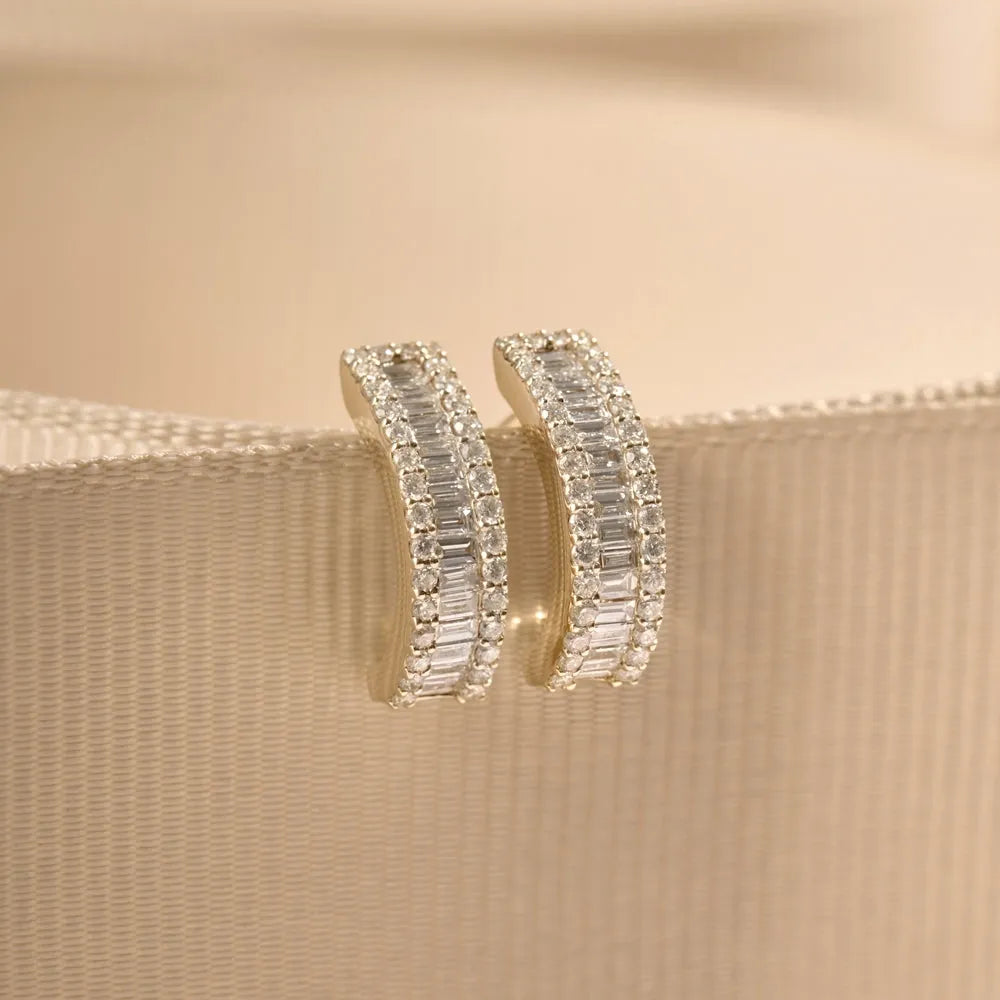 14k Gold Diamond Baguette and Round Cut Micro Pave Hoop Earrings 0.75 ctw