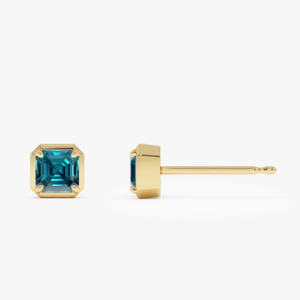 14K Solid Gold Asscher Cut London Blue Topaz Stud Earrings 1.60ctw