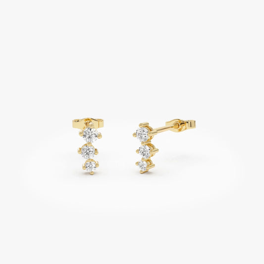 14k Gold Diamond Round Cut Three Stone Stud Earrings 0.35 ctw
