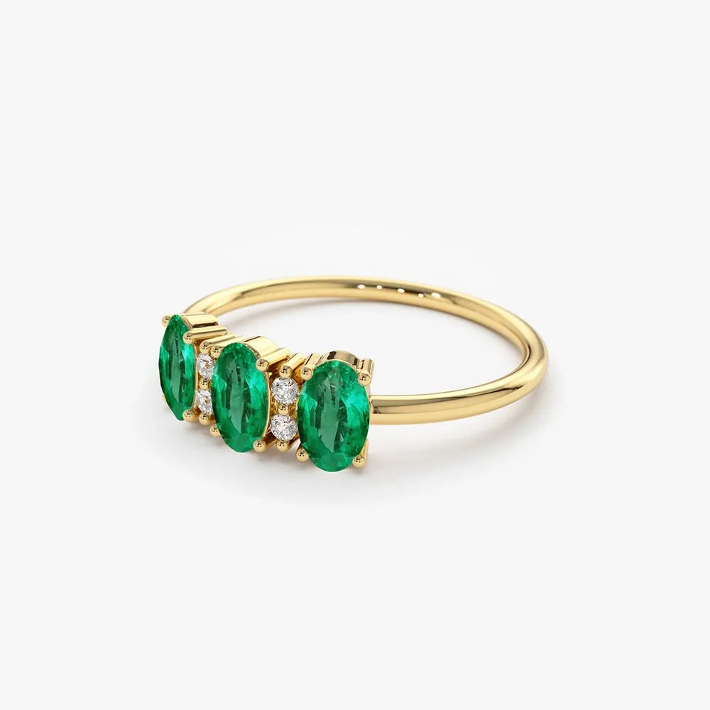 14K Solid Gold Triple Oval Emerald and Round Diamond Ring 0.70 CTW Handcrafted Jewelry