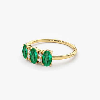 14K Solid Gold Triple Oval Emerald and Round Diamond Ring 0.70 CTW Handcrafted Jewelry