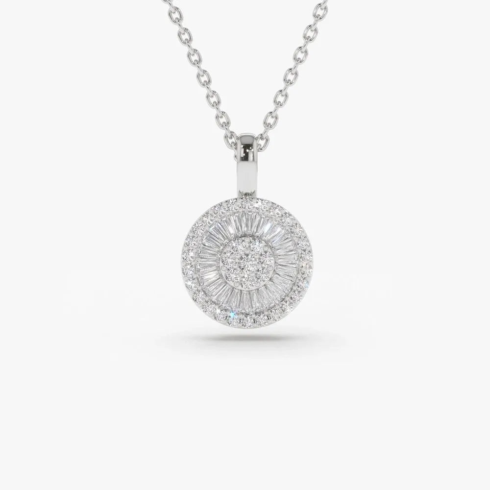 14K Solid Gold Baguette and Round Diamond Disc Cluster Necklace 0.44ctw
