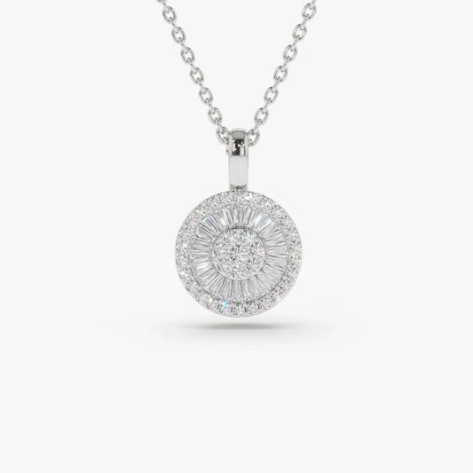 14K Solid Gold Baguette and Round Diamond Disc Cluster Necklace 0.44ctw
