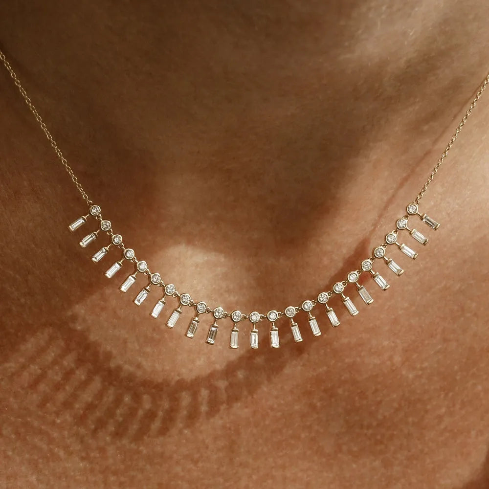 14K Solid Gold Baguette and Round Diamond Statement Necklace Bezel Set 1.75ctw