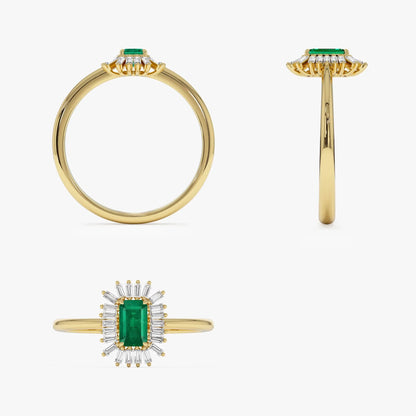 14K Gold Emerald Cut Octagon Emerald Baguette Diamond Halo Ring 0.47 CTW