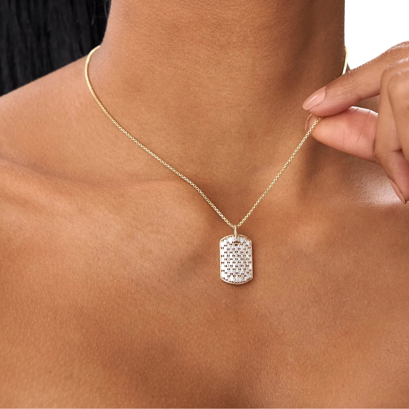 14K Solid Gold Baguette Diamond Dog Tag Pendant Necklace Prong Setting 1.25ctw