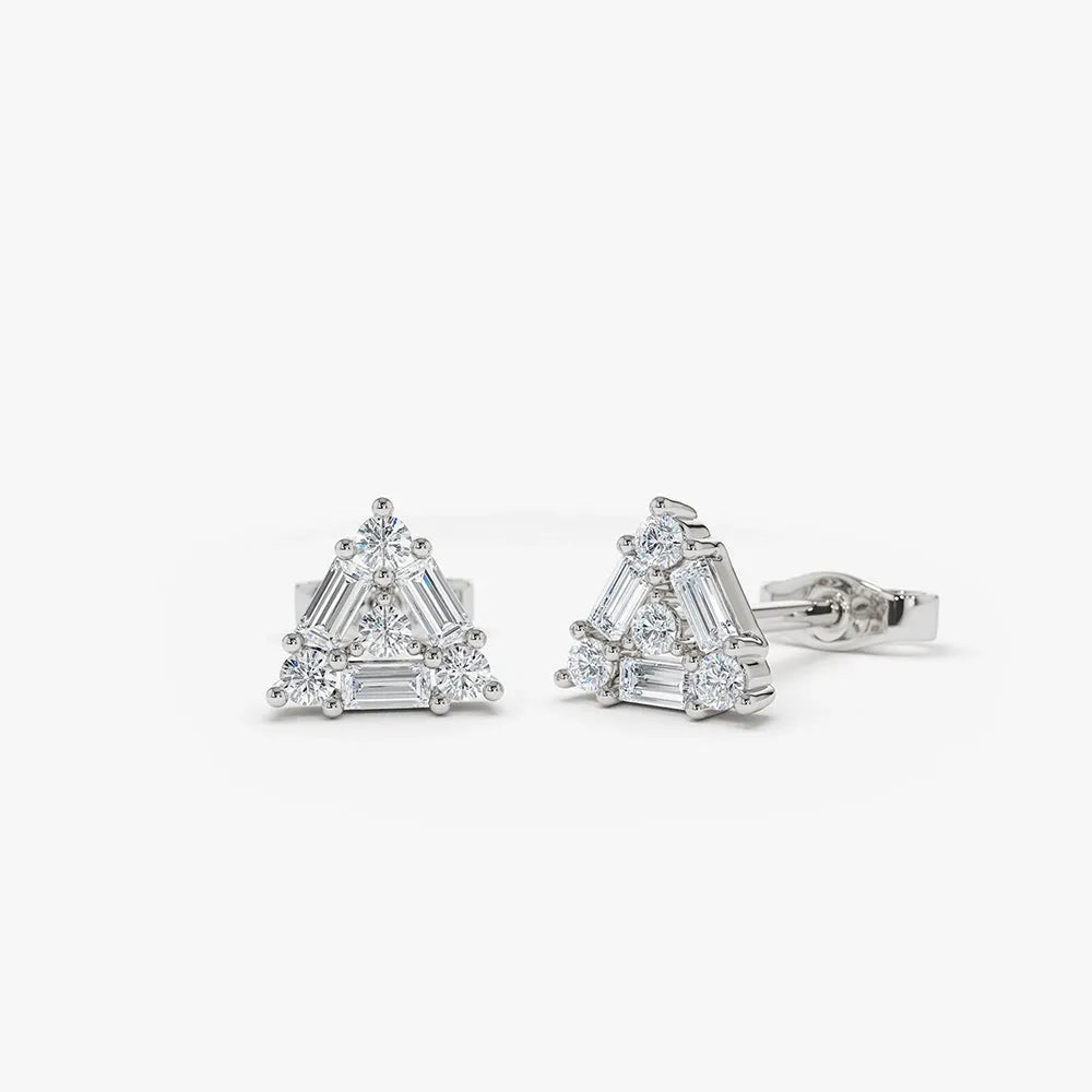 14k Gold Diamond Round and Baguette Cut Triangle Stud Earrings 0.45 ctw