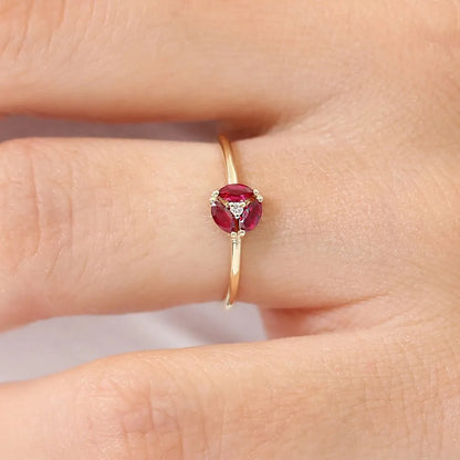14k Gold Ruby and Diamond Marquise and Round Cut Cluster Ring Prong Setting 0.31 ctw